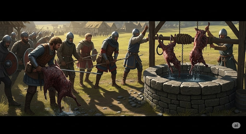 Illustrazione storica che mostra un assedio medievale con catapulte che lanciano corpi infetti zoonosi